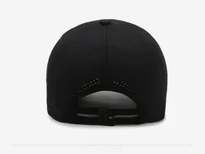 Rear view of black breathable baseball cap with adjustable strap and plastic buckle
