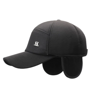 Winter wool baseball cap for men with ear flaps and silver R metal logo in black
