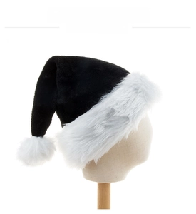 Detailed view of black plush Christmas hat with fluffy white pompom on mannequin head
