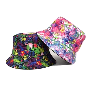 Fashion Reversible Cotton Bucket Hat With Flamingo Tropical Fruit Floral Print For Outdoor Summer Sun Protection Unisex