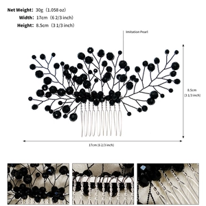 Detailed specs of handmade black beaded bridal hair comb showing 17cm width and 30g weight