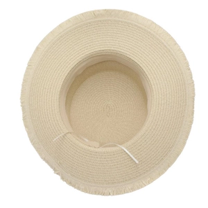 Close-up of beige raffia sun hat with raw frayed edges and woven texture detail