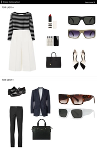 Flat lay of square sunglasses with fashion outfit collocation for lady and gent