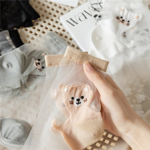 Summer sheer mesh ankle socks with cute cartoon bear pattern in beige and grey