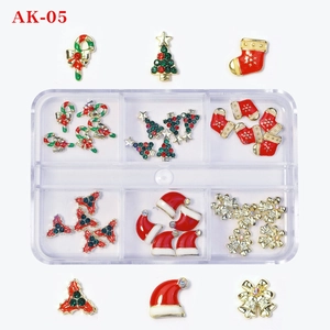 Christmas nail art charms set with trees and bells in a 6-grid organizer box