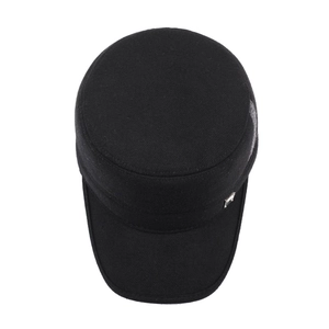 Classic black wool cadet cap with warm ear flaps and silver metal accent for winter