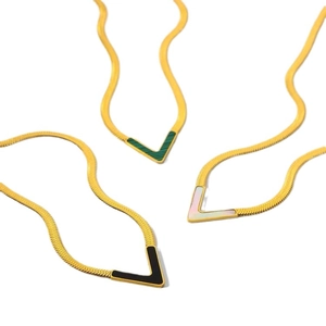 Chic gold V-shaped snake bone necklace with black, green and white inlay pendants