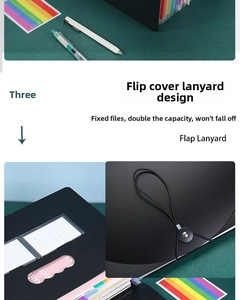 Detail view of the black expandable file folder with colorful tabs and a secure lanyard closure