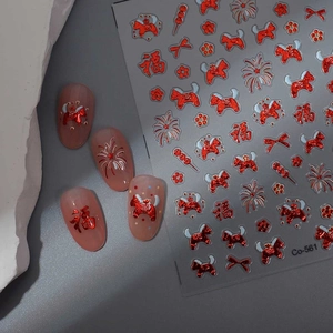 Chinese New Year nail art stickers featuring red gold foil patterns and zodiac motifs