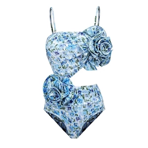 Floral one-piece swimsuit with 3D handmade flower details and cutout design in blue