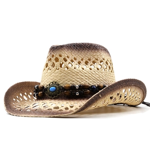Hollow out woven straw western cowboy hat with brown gradient finish and beaded gem band
