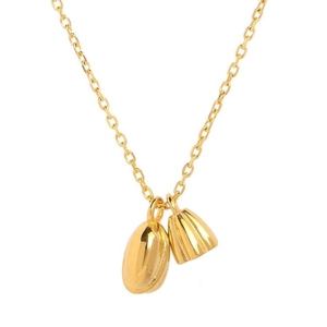Minimalist gold titanium steel necklace featuring textured lotus pod and smooth bean charms