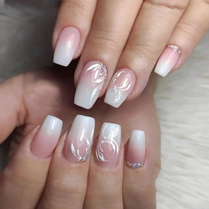 Press On Nails Short Ballet Fake Nails Pink White Gradient Flower Rhinestone Artificial Fingernails For Women