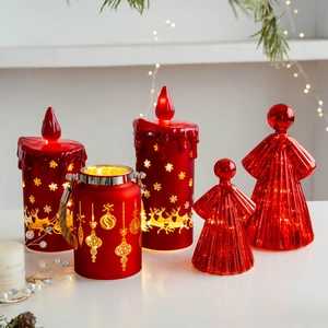 Luminous glass Christmas tree candle set with red LED reindeer patterns for table decor