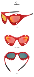 Three-view display of red sports sunglasses with gradient lenses and ventilated frame