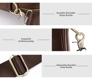 Detail view of bronze hardware and adjustable strap on a brown leather business bag
