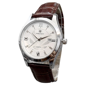 Classic men's quartz watch with silver case, brown leather strap and white roman dial