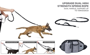 Close-up of dual-handle bungee leash and running waist bag with high strength spring rope