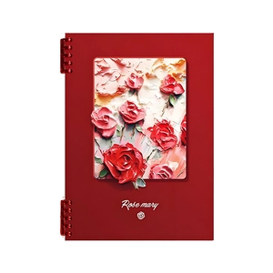 Elegant red spiral B5 notebook featuring 3D embossed rose oil painting on the cover