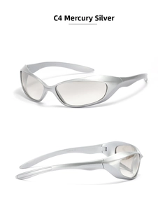 Detail of mercury silver Y2K sunglasses with sleek frames and light grey lenses