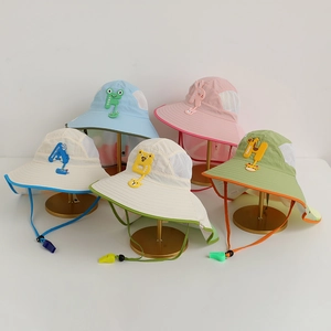 Kids cartoon sun hats with neck flaps and whistles in various colors for beach and travel