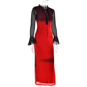 Detail of red and black mesh dress showing lace-up front and ruffle flare sleeves
