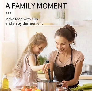 Family using a black meat chopper tool to mash food in a stainless steel pot