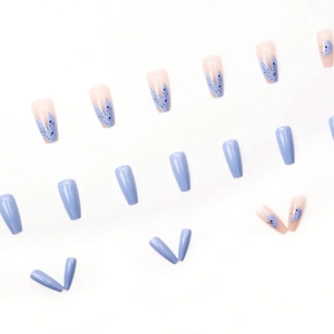 Blue mermaid ballet coffin press-on nails with ocean marble design and leaf patterns