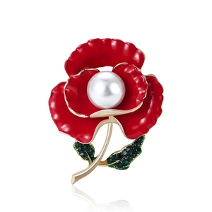 Elegant Red Poppy Flower Brooch With Enamel Alloy Artificial Pearl And Rhinestone Decoration For Women Fashion Accessories