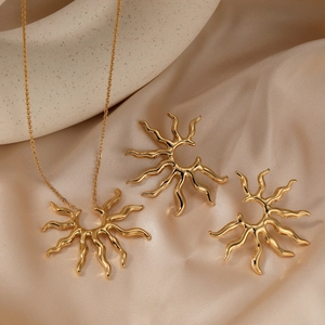 316L stainless steel sunburst necklace and earrings set on premium silk background