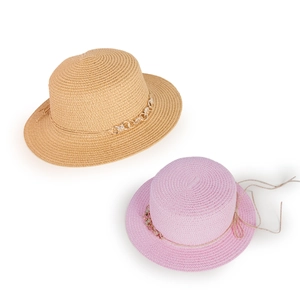 Fashionable wide-brim straw hats in khaki and lavender with chain and bow details