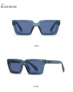 Front and 45-degree side views of dark blue square sunglasses with metallic temple accents