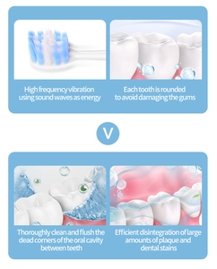 Detail showing sonic vibration, gum care, gap cleaning, and plaque removal of electric toothbrush