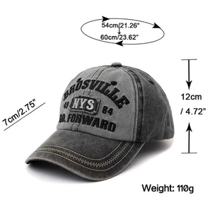 Grey and black washed denim baseball cap with embroidery and detailed size measurements