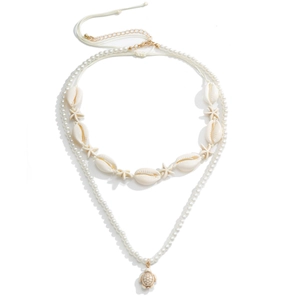 Double layered necklace with shell starfish beads and golden sea turtle pendant