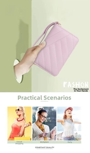 Detail of pink quilted leather wallet featuring a wristlet strap and fashion textures