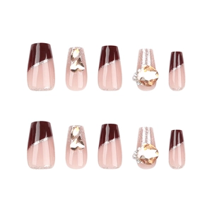 Deep burgundy and nude coffin nails with champagne heart rhinestones and silver glitter