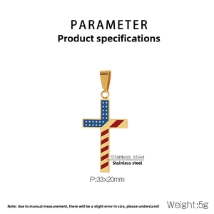 Detail of USA flag cross pendant in stainless steel with 33x20mm dimensions and 5g weight