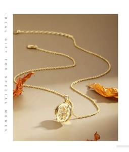Detail of gold star coin pendant necklace on autumn leaves background for special gifts