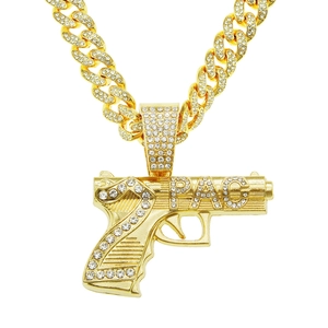 Collier Pendentif Pistolet Hip Hop Iced Out Alliage Strass Chaîne Cubaine Bijoux Cool Exagérés