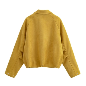 Back view of a ginger yellow faux suede jacket with a classic lapel and raglan sleeves