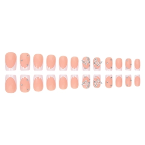 French white square press-on nails with silver rhinestone butterfly accents, 24 pieces
