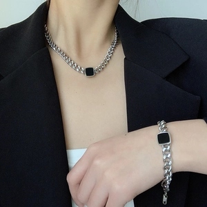 Minimalist Stainless Steel Cuban Link Chain Necklace Bracelet For Women Men Black Square Pendant Gold Silver Jewelry