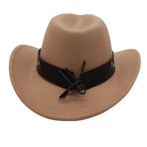 Detail of western fedora hat featuring green plant embroidery and black leather band