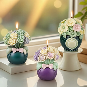DIY flower basket scented candle silicone mold with bow and floral bouquet designs