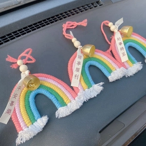 Handmade woven rainbow tassels with wood beads and gold bells for home wall decoration
