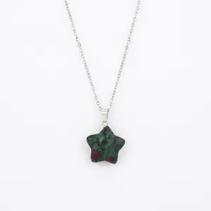 Minimalist star-shaped natural stone pendant necklace with green and red jasper and silver chain