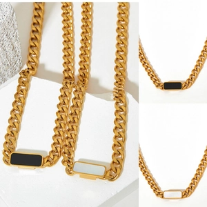 Stainless Steel Cuban Link Necklace With Rectangular Shell Enamel Pendant Gold Plated Chunky Hip Hop Jewelry For Women