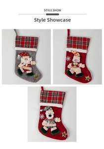 Detailed view of Christmas stockings with Santa, snowman and bear plush character designs