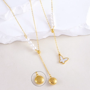 Butterfly Pendant Necklace 18K Gold Plated Stainless Steel White Shell Artificial Pearl Tassel Elegant Clavicle Chain For Women